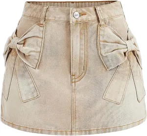Milumia Women's Bow Knot Front Bodycon Denim Jean Mini Skirt with Pocket