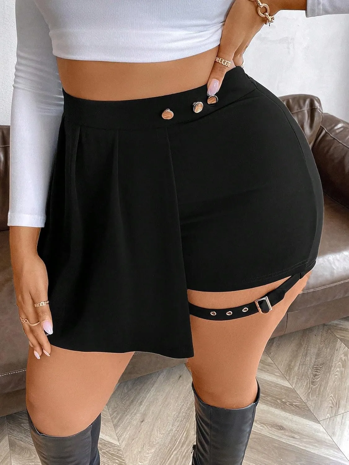 Milumia Women's Plus Size Pleated Front Cut Out Shorts High Waisted Asymmetrical Mini Skort