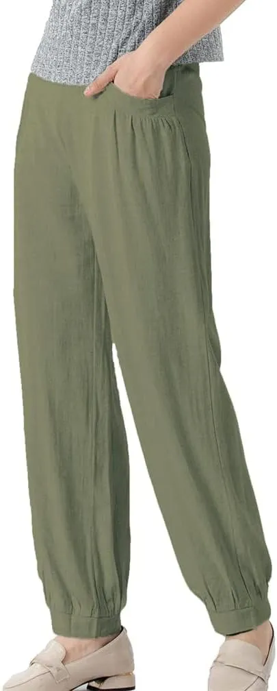 Minibee Women's Cotton Linen Tapered Cropped Pants Elastic Waist Trousers