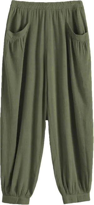 Minibee Women's Cotton Linen Tapered Cropped Pants Elastic Waist Trousers