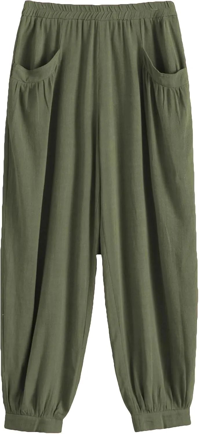 Minibee Women's Cotton Linen Tapered Cropped Pants Elastic Waist Trousers