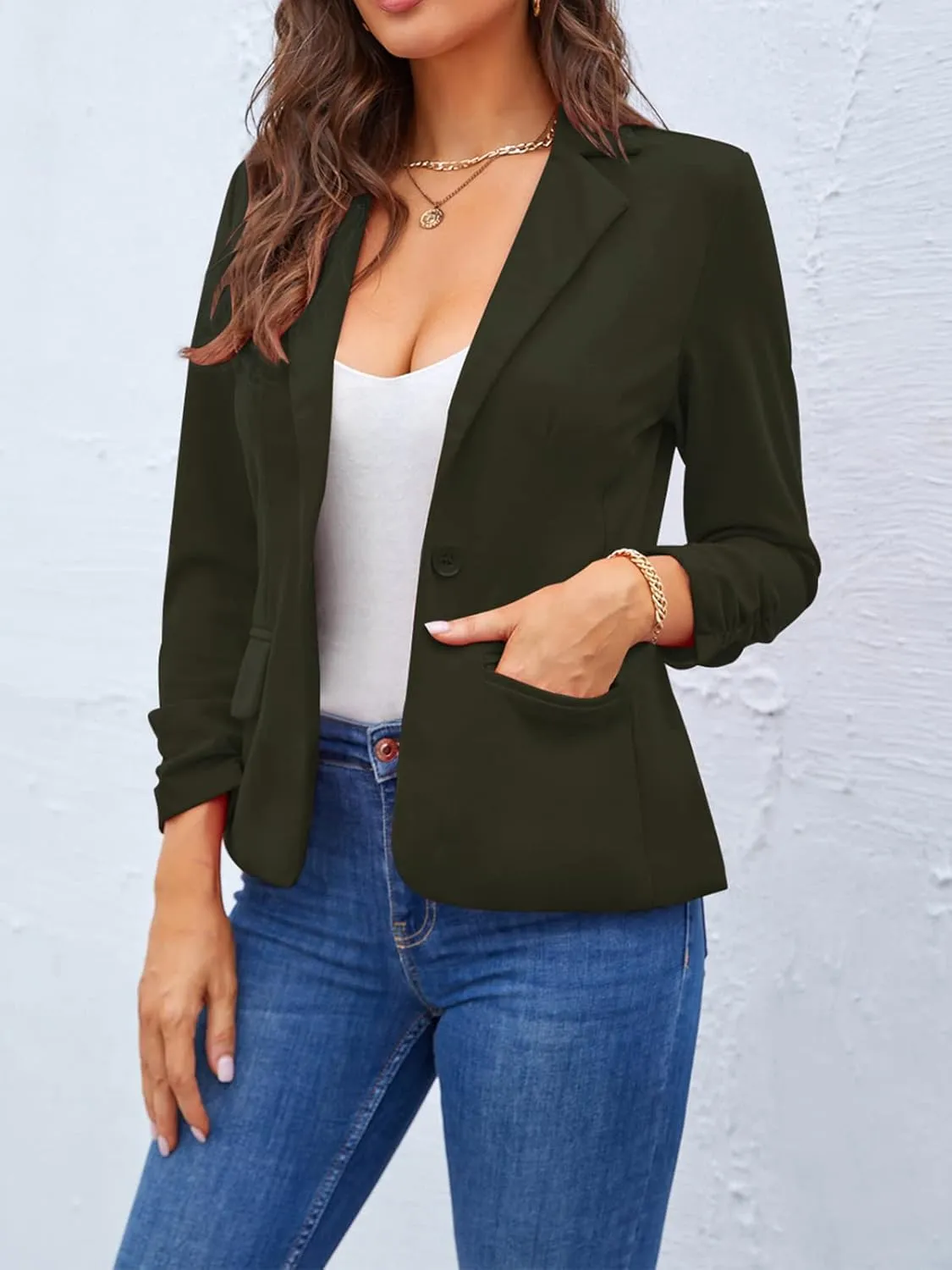 MINTLIMIT Women's 3/4 Sleeve Blazers One Button Work Office Blazer with Pockets