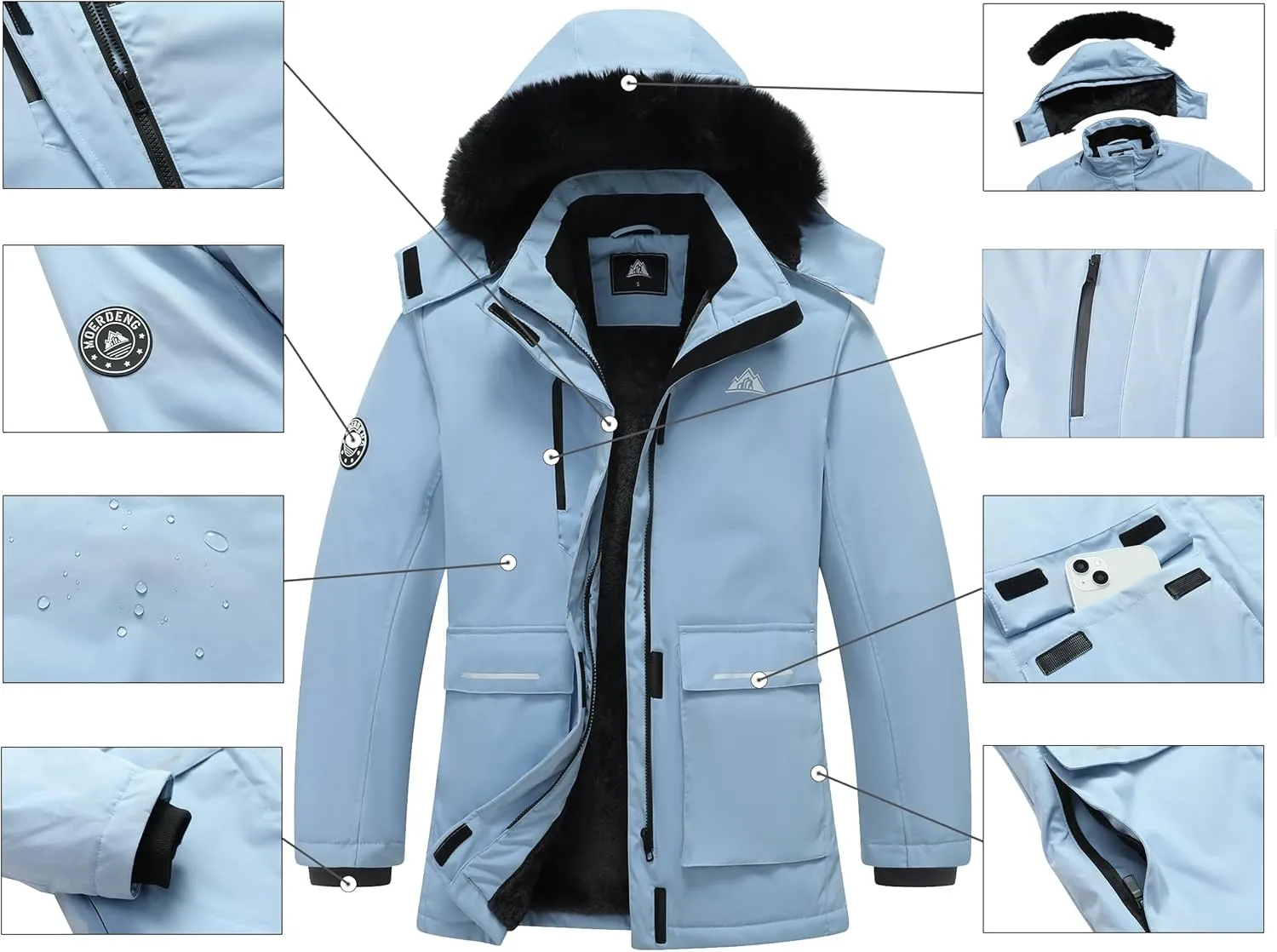 MOERDENG Women's Waterproof Winter Snow Coat Windproof Ski Jacket Hooded Snowboarding Jackets