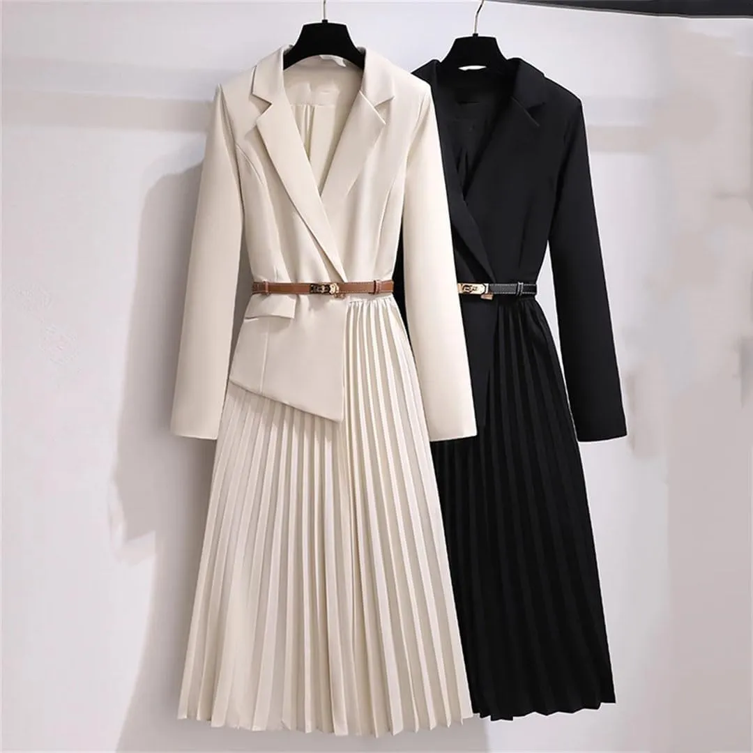 Office Lady Patchwork Blazer Dress Autumn Elegant Long Sleeve Notched Collar Belt Pleated Vestidos