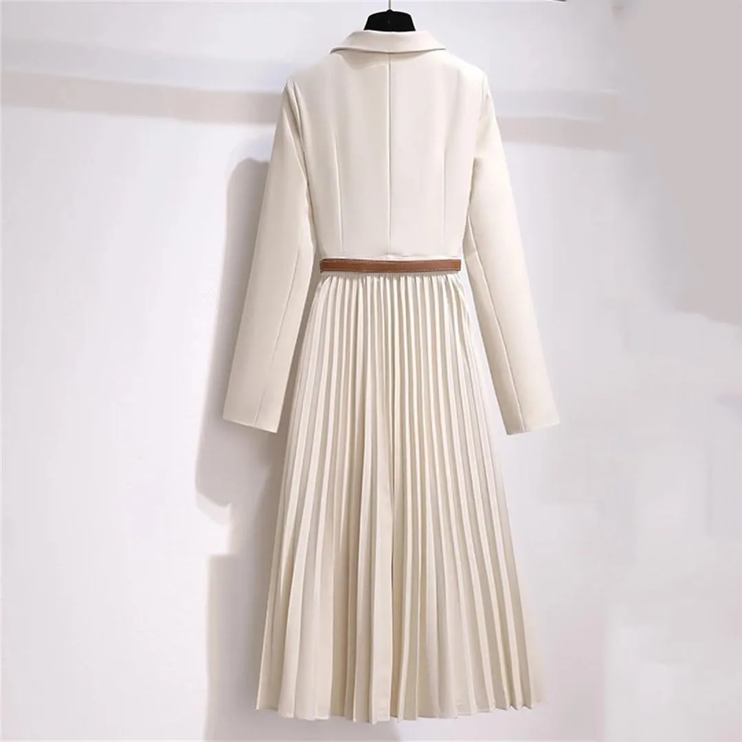 Office Lady Patchwork Blazer Dress Autumn Elegant Long Sleeve Notched Collar Belt Pleated Vestidos