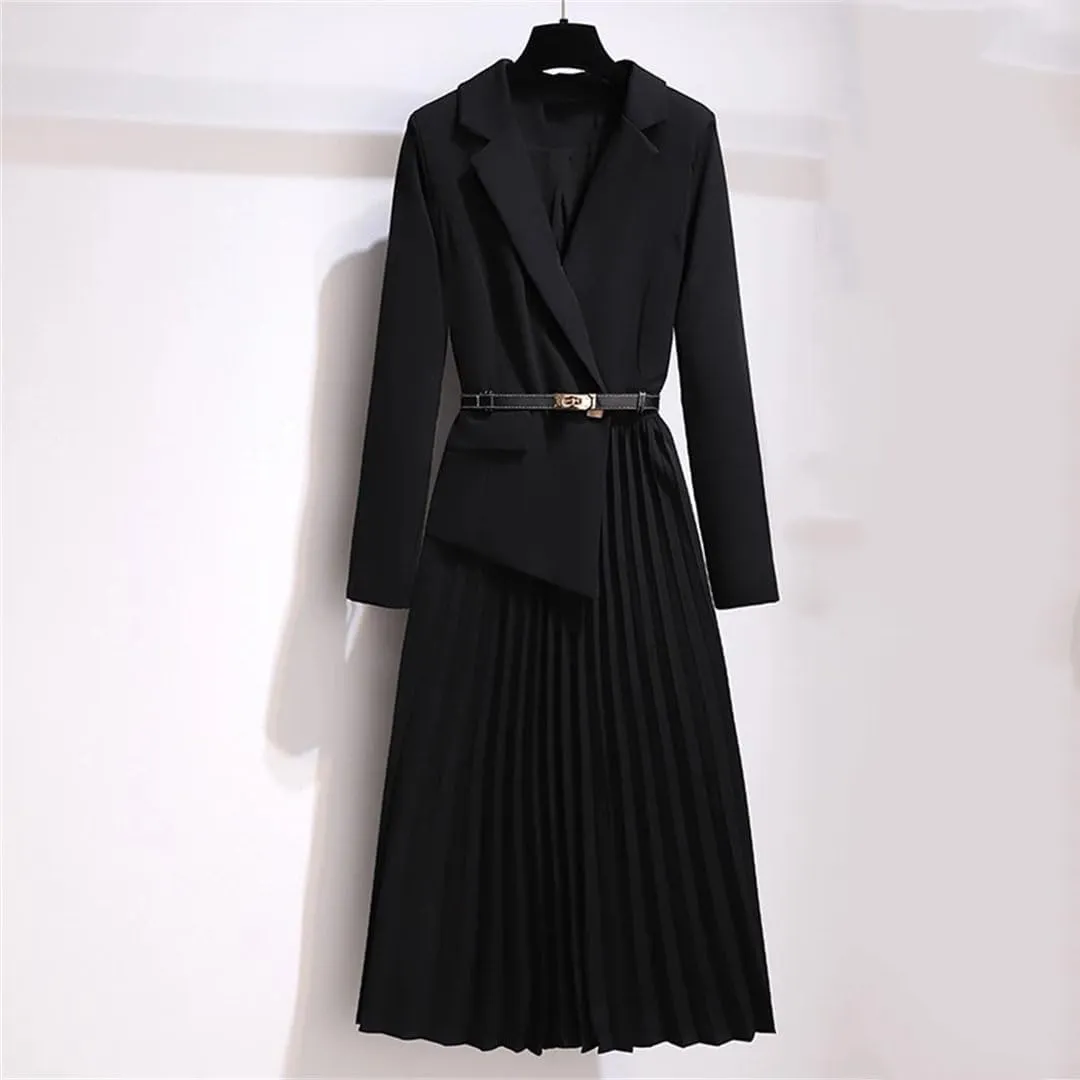 Office Lady Patchwork Blazer Dress Autumn Elegant Long Sleeve Notched Collar Belt Pleated Vestidos