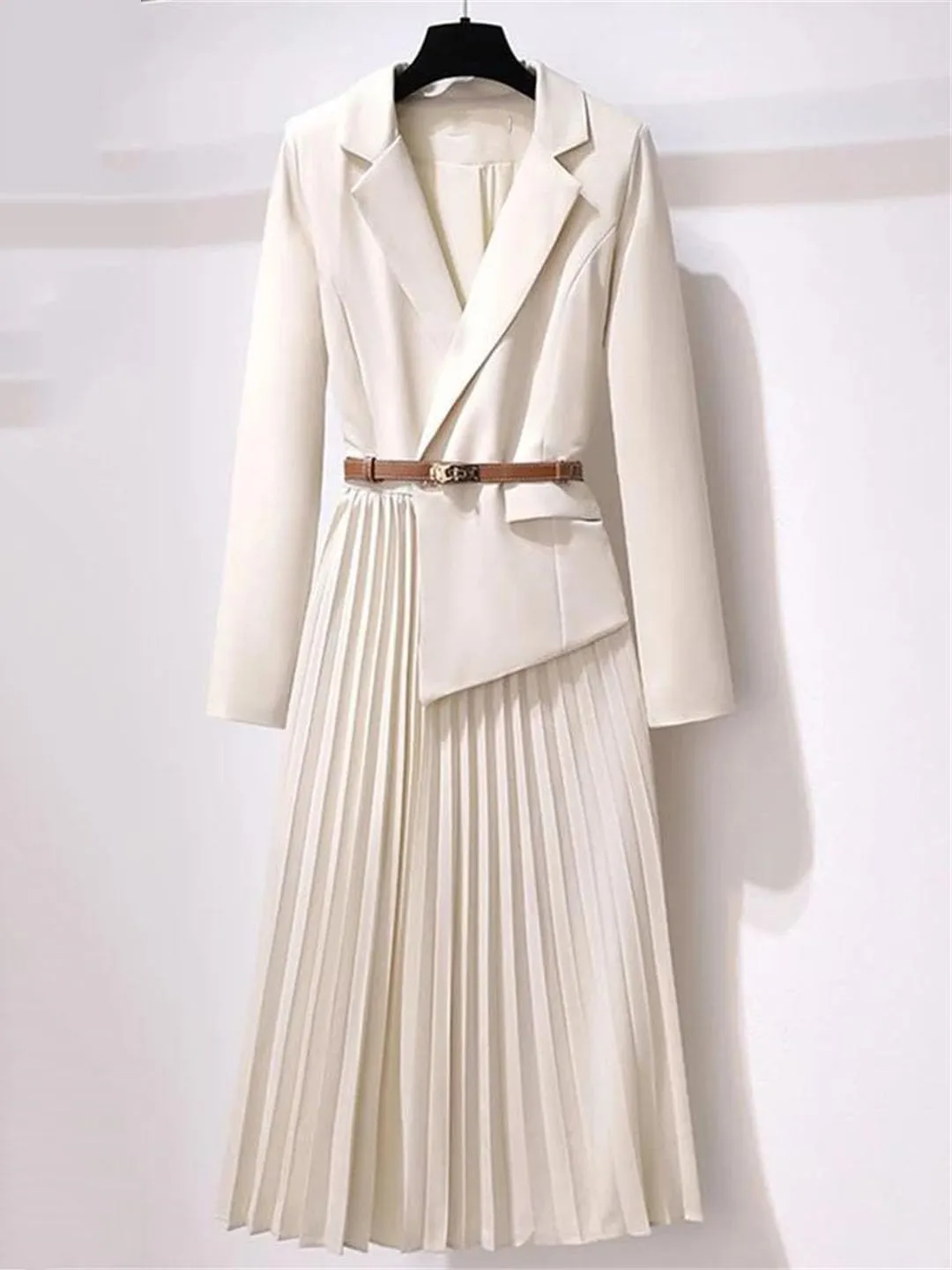 Office Lady Patchwork Blazer Dress Autumn Elegant Long Sleeve Notched Collar Belt Pleated Vestidos