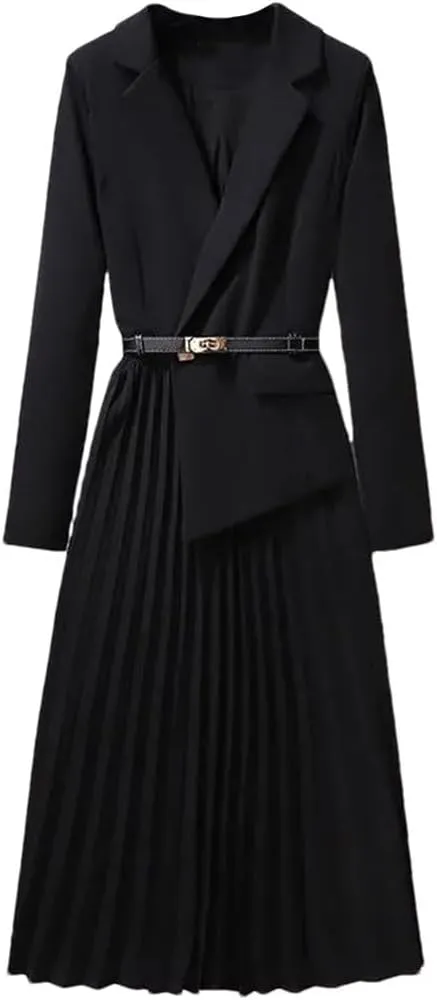 Office Lady Patchwork Blazer Dress Autumn Elegant Long Sleeve Notched Collar Belt Pleated Vestidos