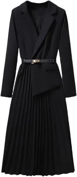 Office Lady Patchwork Blazer Dress Autumn Elegant Long Sleeve Notched Collar Belt Pleated Vestidos
