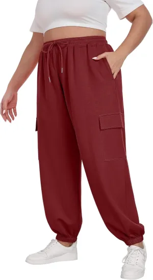 OLRIK Plus Size Pants 2025 Trendy Cargo Sweatpants Adjustable Drawstring Joggers Loose Fit Lounge Trousers with Pockets