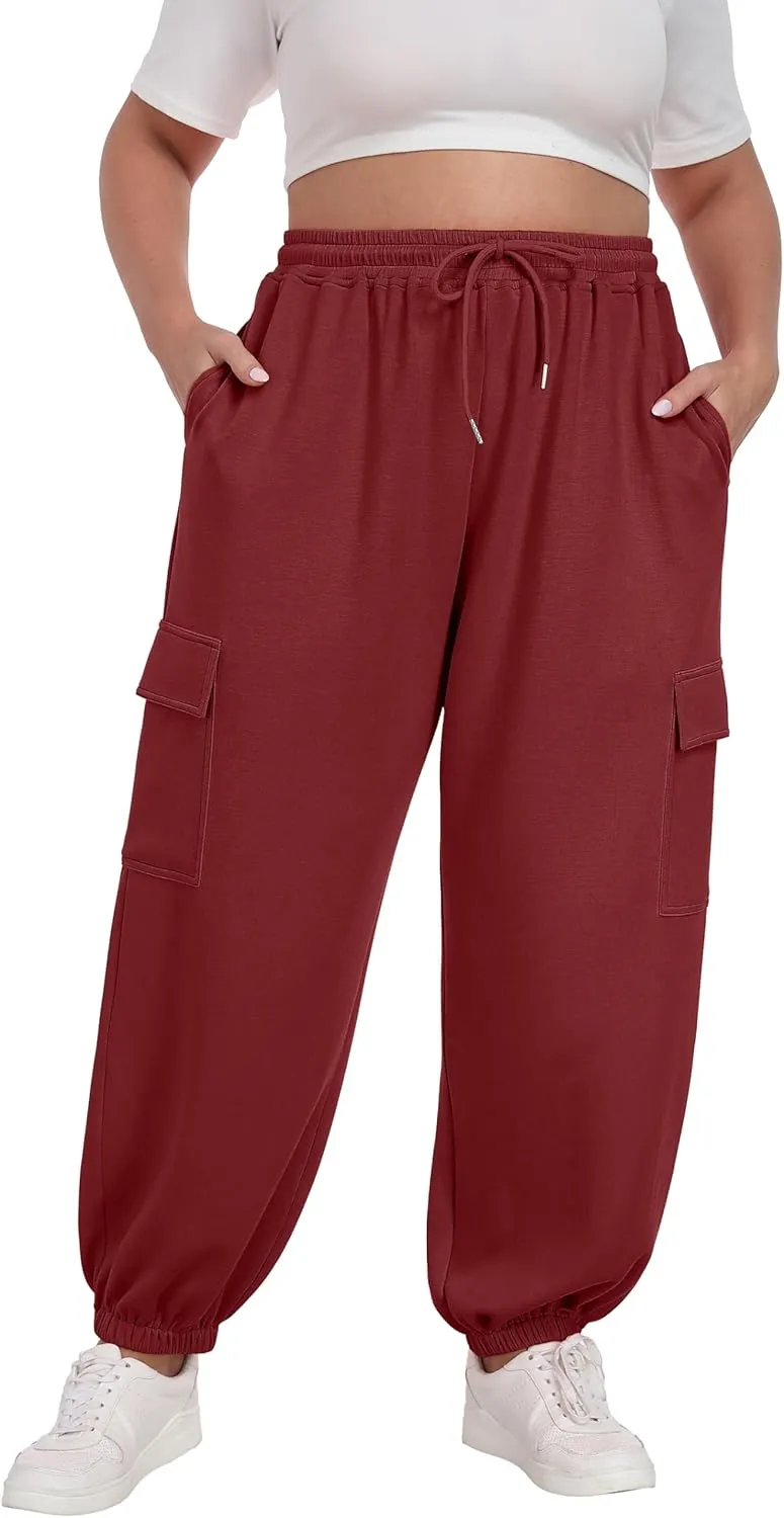 OLRIK Plus Size Pants 2025 Trendy Cargo Sweatpants Adjustable Drawstring Joggers Loose Fit Lounge Trousers with Pockets