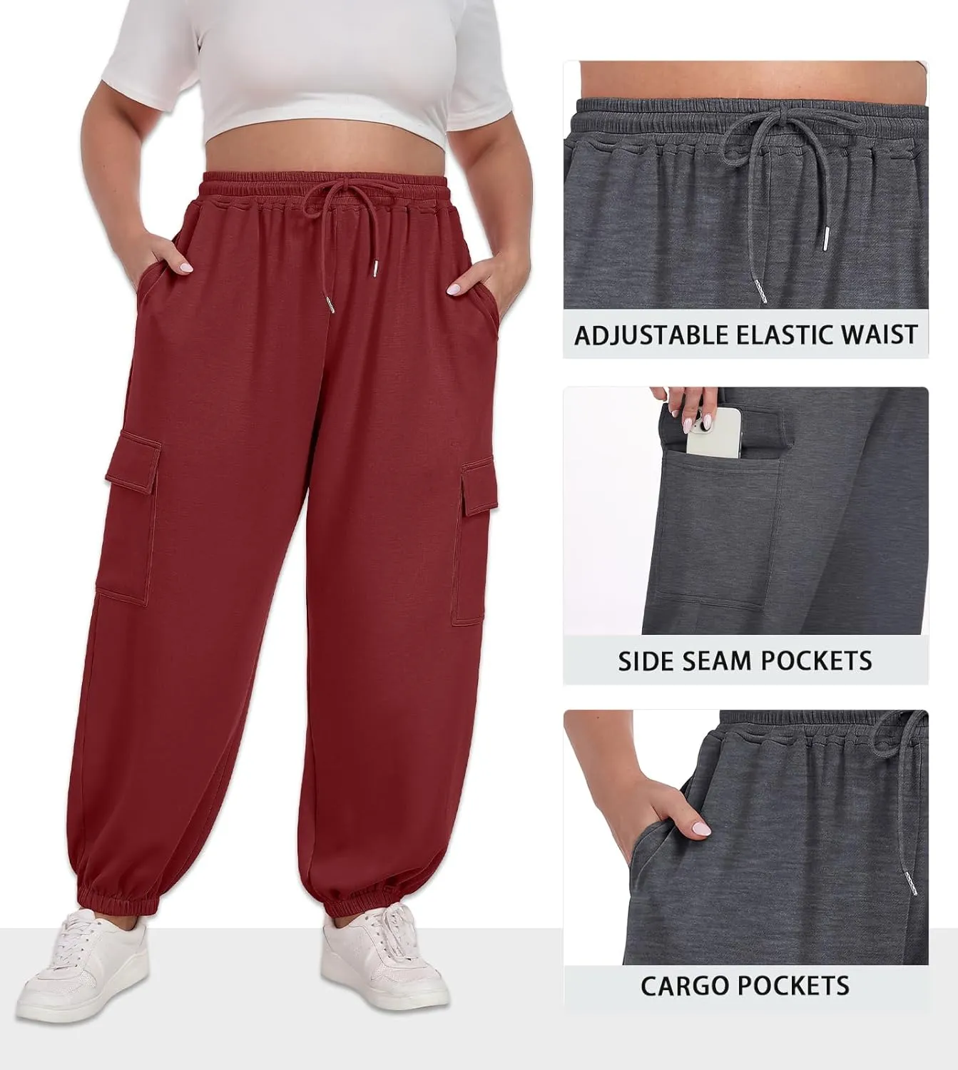 OLRIK Plus Size Pants 2025 Trendy Cargo Sweatpants Adjustable Drawstring Joggers Loose Fit Lounge Trousers with Pockets