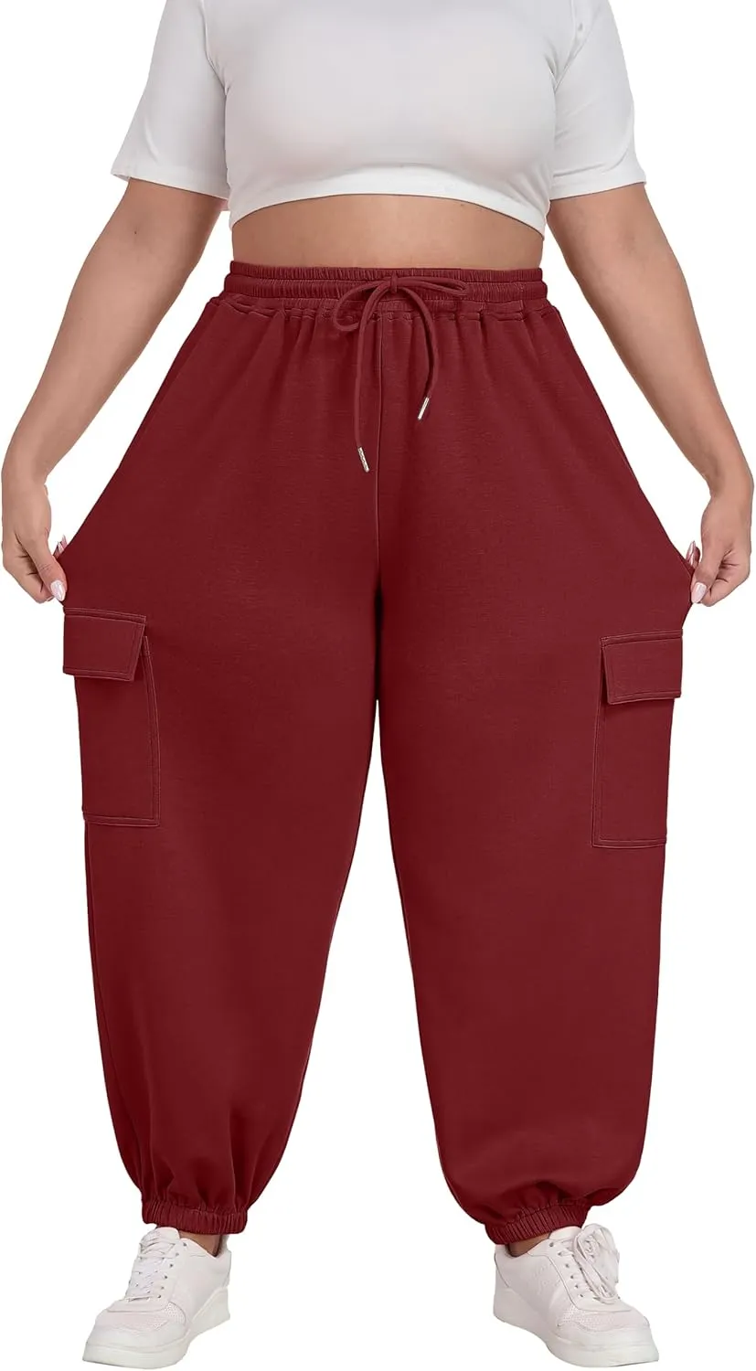 OLRIK Plus Size Pants 2025 Trendy Cargo Sweatpants Adjustable Drawstring Joggers Loose Fit Lounge Trousers with Pockets