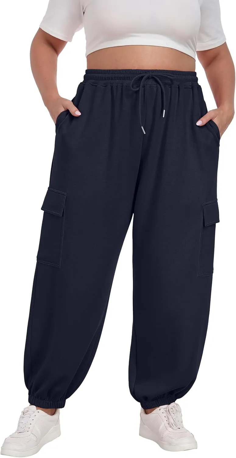 OLRIK Plus Size Pants 2025 Trendy Cargo Sweatpants Adjustable Drawstring Joggers Loose Fit Lounge Trousers with Pockets