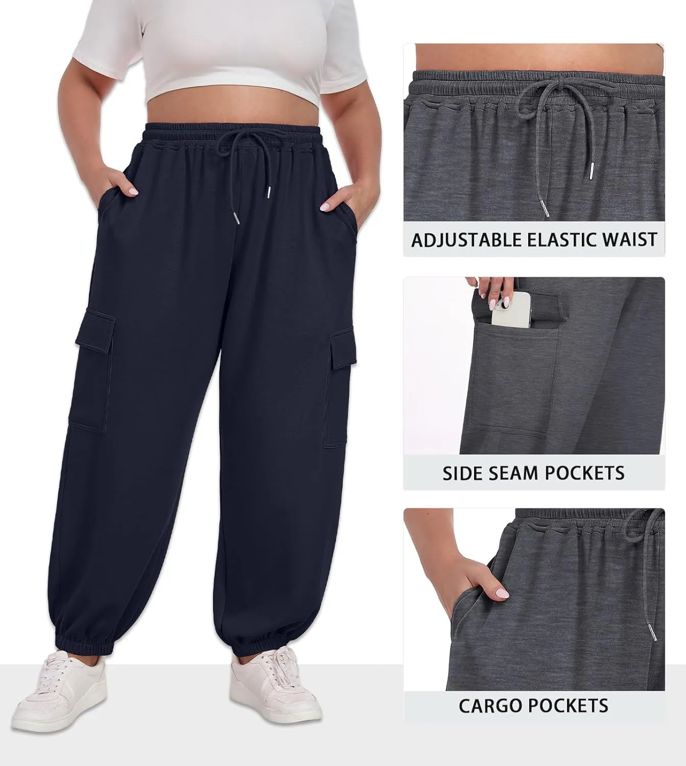 OLRIK Plus Size Pants 2025 Trendy Cargo Sweatpants Adjustable Drawstring Joggers Loose Fit Lounge Trousers with Pockets