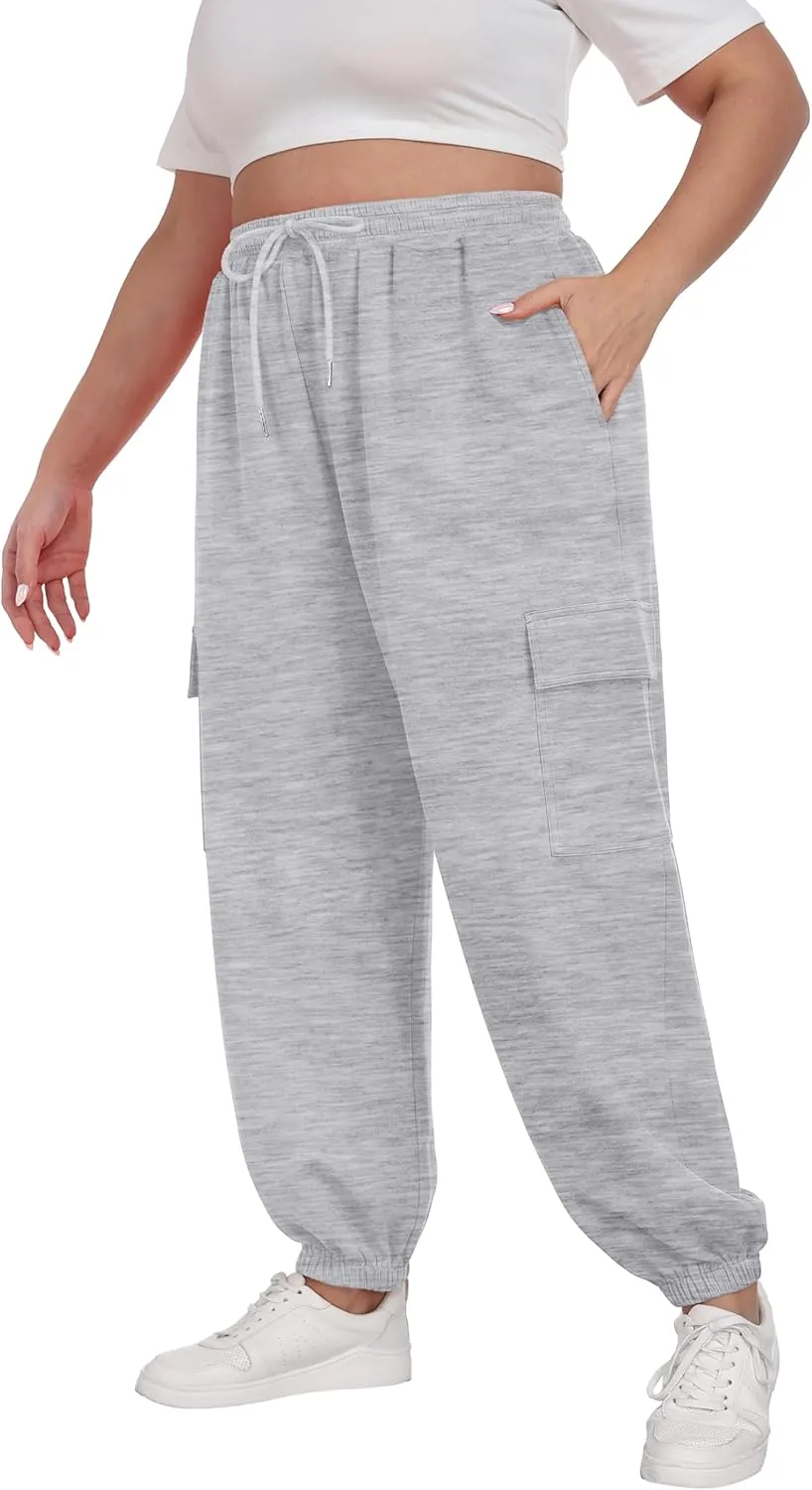 OLRIK Plus Size Pants 2025 Trendy Cargo Sweatpants Adjustable Drawstring Joggers Loose Fit Lounge Trousers with Pockets