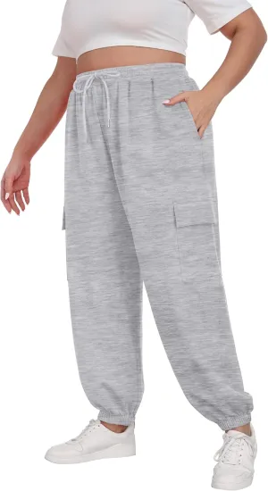 OLRIK Plus Size Pants 2025 Trendy Cargo Sweatpants Adjustable Drawstring Joggers Loose Fit Lounge Trousers with Pockets