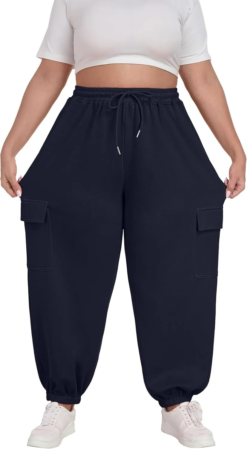 OLRIK Plus Size Pants 2025 Trendy Cargo Sweatpants Adjustable Drawstring Joggers Loose Fit Lounge Trousers with Pockets