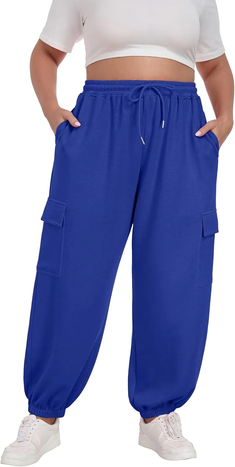OLRIK Plus Size Pants 2025 Trendy Cargo Sweatpants Adjustable Drawstring Joggers Loose Fit Lounge Trousers with Pockets