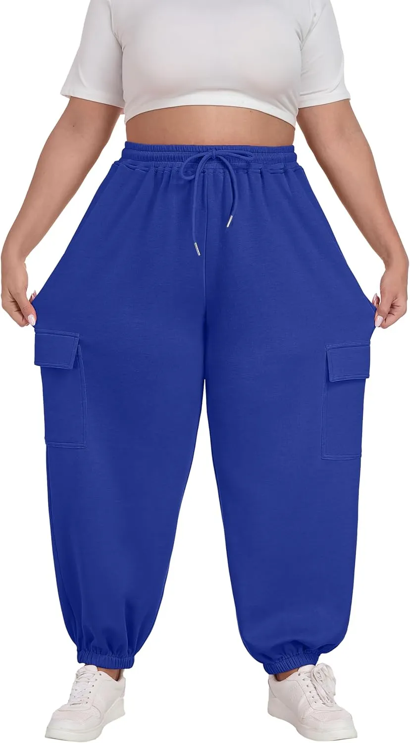 OLRIK Plus Size Pants 2025 Trendy Cargo Sweatpants Adjustable Drawstring Joggers Loose Fit Lounge Trousers with Pockets