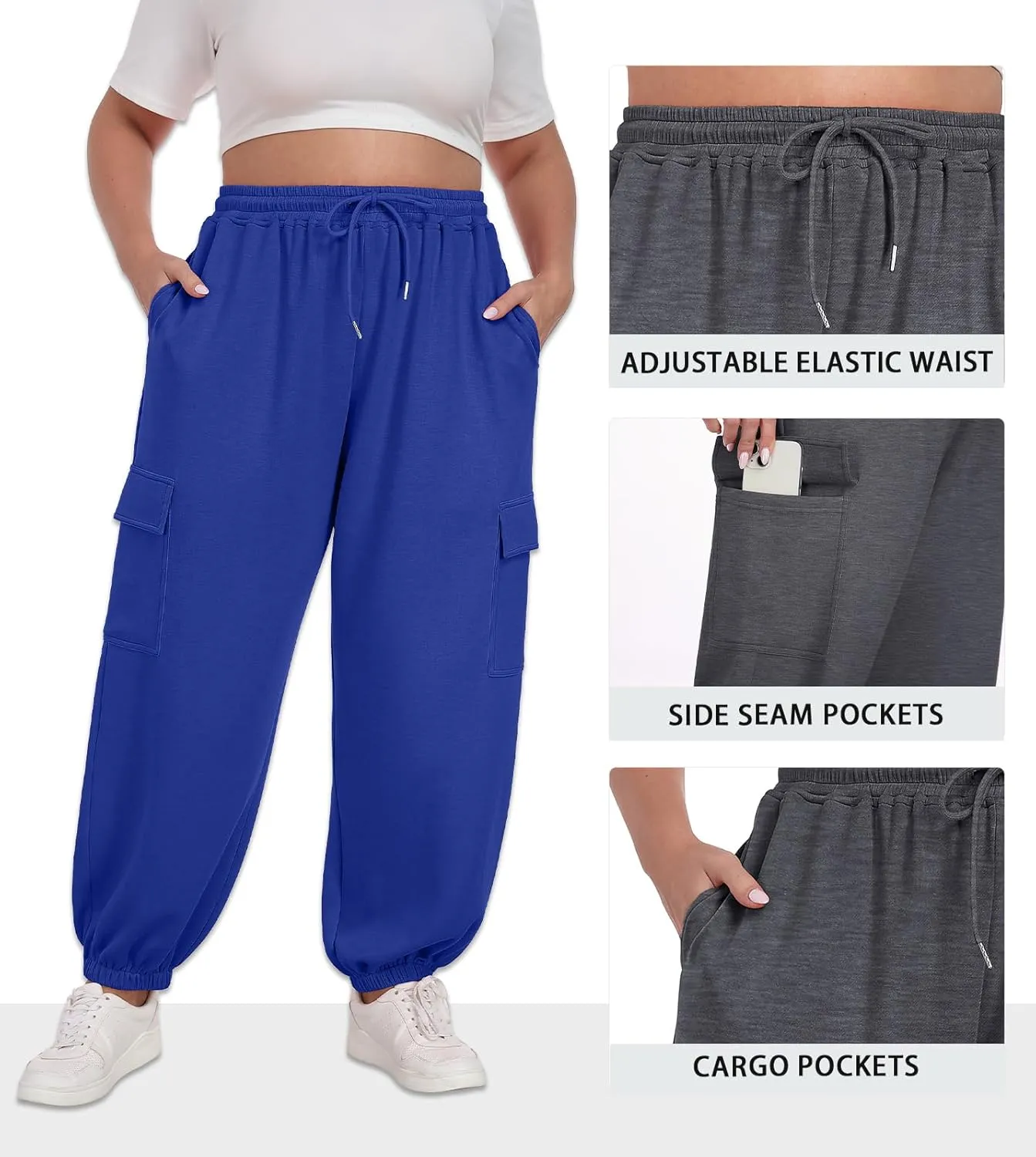 OLRIK Plus Size Pants 2025 Trendy Cargo Sweatpants Adjustable Drawstring Joggers Loose Fit Lounge Trousers with Pockets