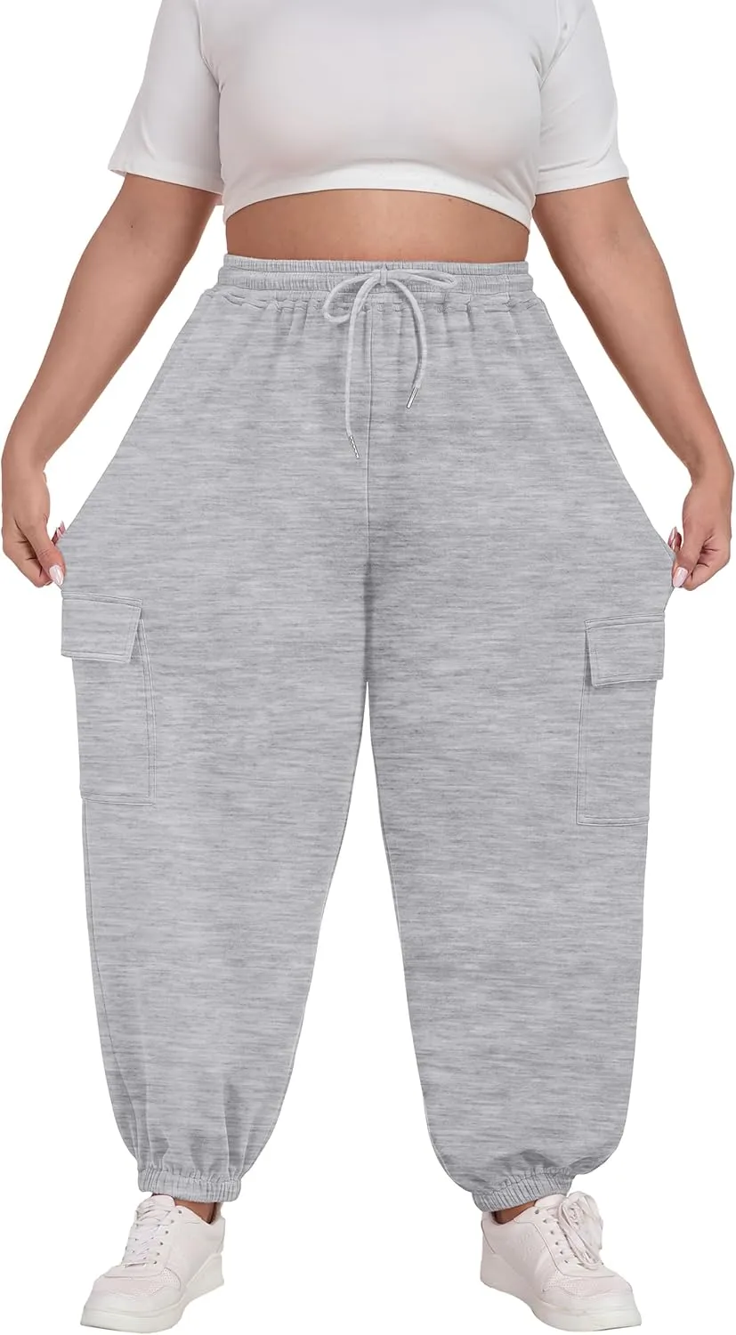 OLRIK Plus Size Pants 2025 Trendy Cargo Sweatpants Adjustable Drawstring Joggers Loose Fit Lounge Trousers with Pockets