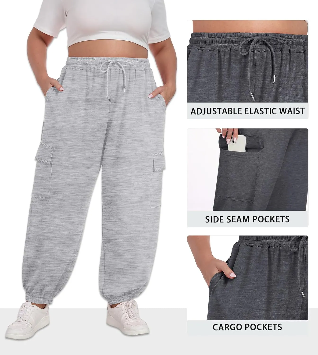 OLRIK Plus Size Pants 2025 Trendy Cargo Sweatpants Adjustable Drawstring Joggers Loose Fit Lounge Trousers with Pockets