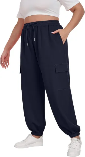 OLRIK Plus Size Pants 2025 Trendy Cargo Sweatpants Adjustable Drawstring Joggers Loose Fit Lounge Trousers with Pockets