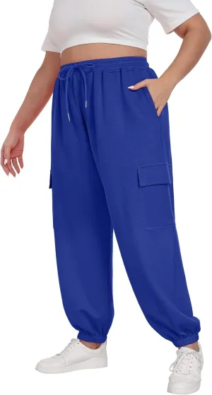 OLRIK Plus Size Pants 2025 Trendy Cargo Sweatpants Adjustable Drawstring Joggers Loose Fit Lounge Trousers with Pockets