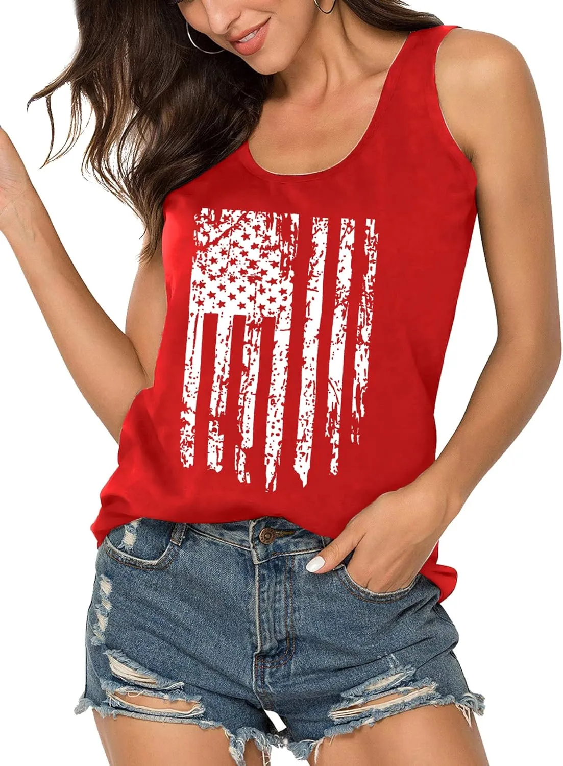 PECHAR Patriotic Shirts 4th of July Sleeveless Tank Tops Women American Flag T Shirt USA Graphic Tees Racerback Vest