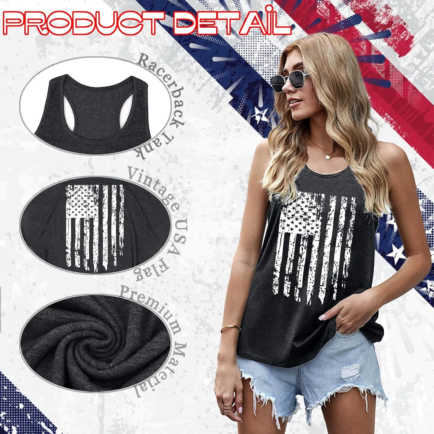 PECHAR Patriotic Shirts 4th of July Sleeveless Tank Tops Women American Flag T Shirt USA Graphic Tees Racerback Vest