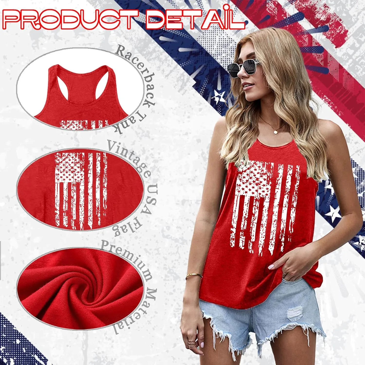 PECHAR Patriotic Shirts 4th of July Sleeveless Tank Tops Women American Flag T Shirt USA Graphic Tees Racerback Vest
