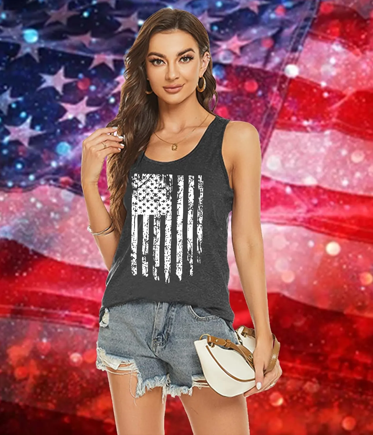 PECHAR Patriotic Shirts 4th of July Sleeveless Tank Tops Women American Flag T Shirt USA Graphic Tees Racerback Vest