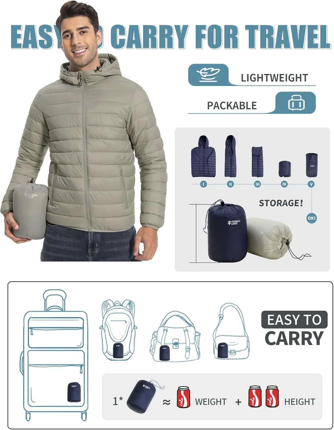 Pioneer Camp Mens Lightweight Packable Puffer Jacket Hooded Insulated Thermal Puffy Winter Jackets for Running Travel