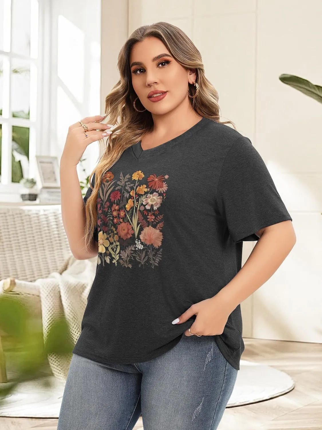 Plus Size T Shirt for Women Graphic Tees Short Sleeve Floral Print Loose Fit Summer Casual Tops 1XL-5XL