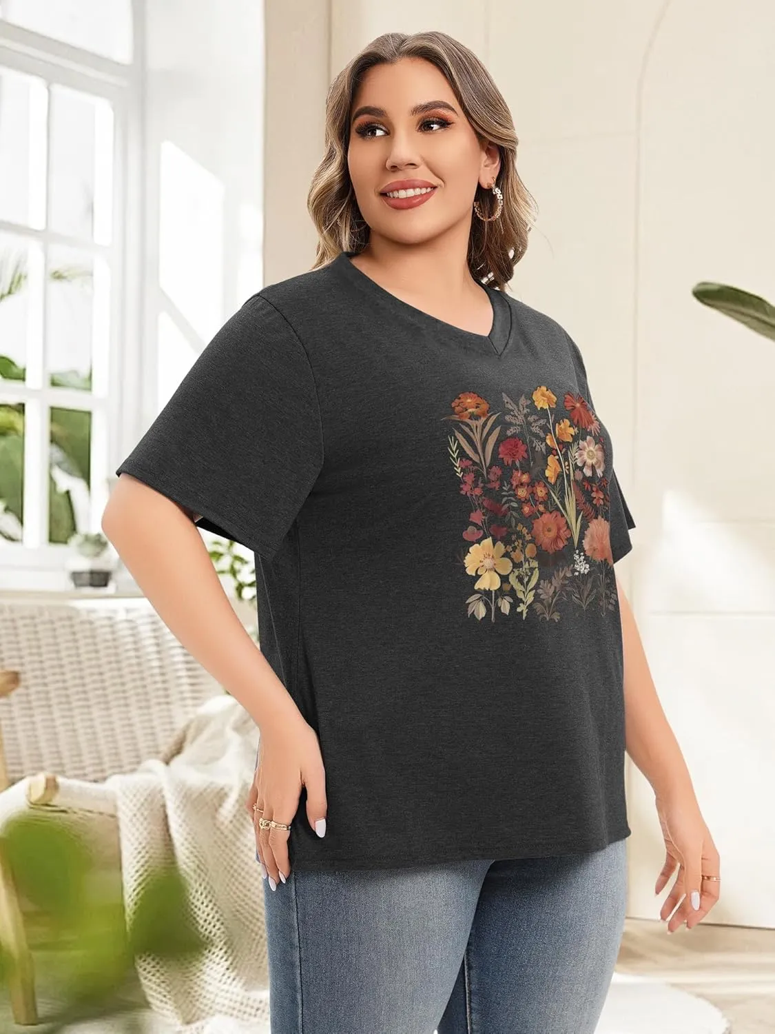 Plus Size T Shirt for Women Graphic Tees Short Sleeve Floral Print Loose Fit Summer Casual Tops 1XL-5XL