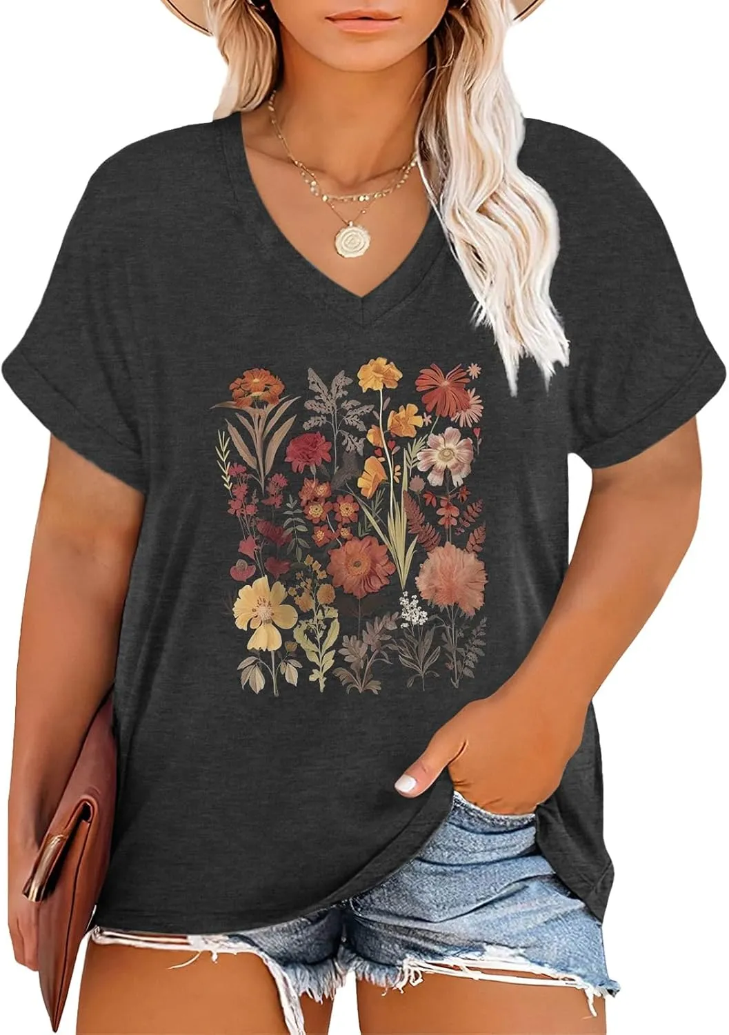 Plus Size T Shirt for Women Graphic Tees Short Sleeve Floral Print Loose Fit Summer Casual Tops 1XL-5XL