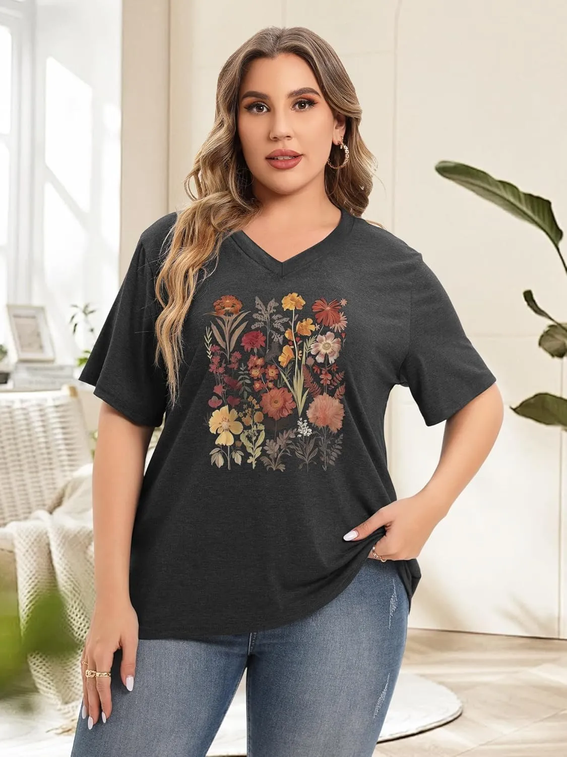 Plus Size T Shirt for Women Graphic Tees Short Sleeve Floral Print Loose Fit Summer Casual Tops 1XL-5XL