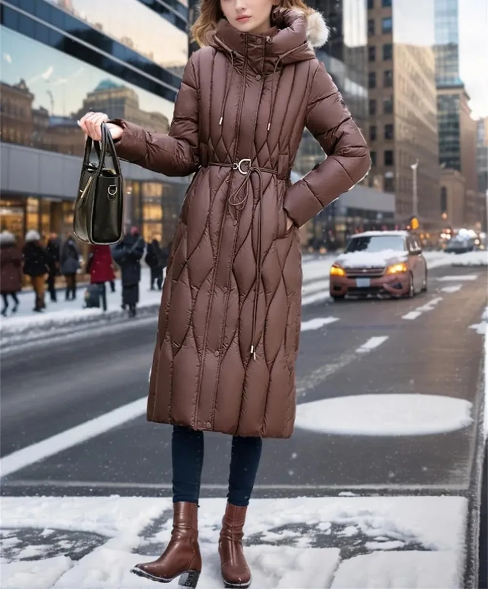 Pulcykp Women Winter Long Down Jacket Hooded Slim Coat Thick Cotton-Padded Jackets With Belt