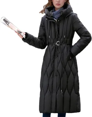 Pulcykp Women Winter Long Down Jacket Hooded Slim Coat Thick Cotton-Padded Jackets With Belt