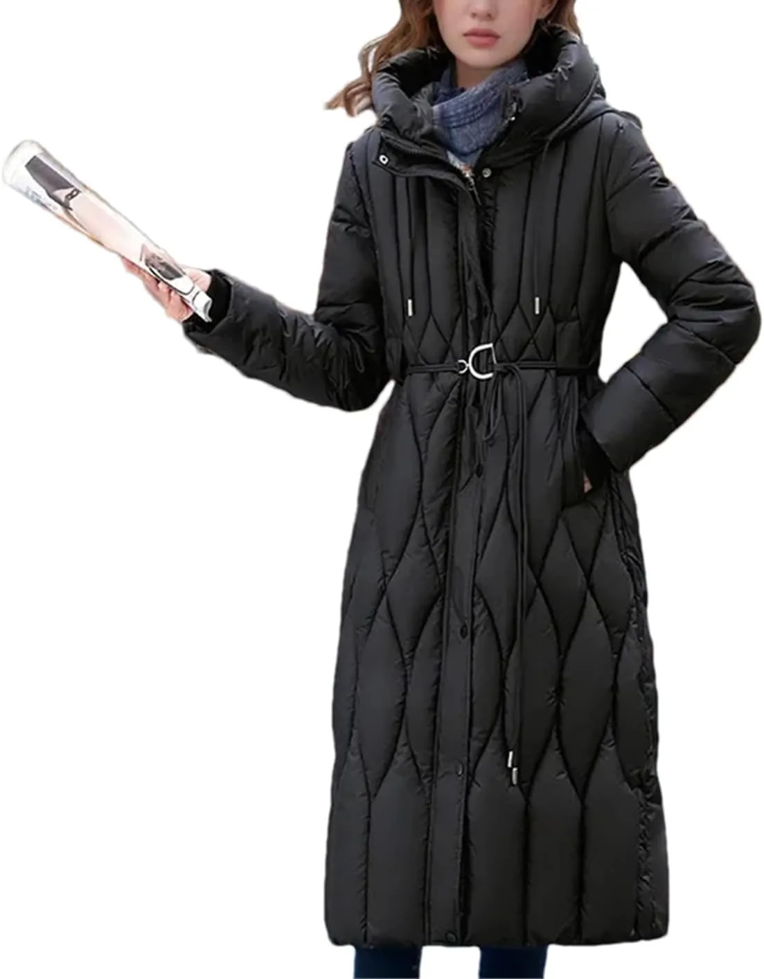 Pulcykp Women Winter Long Down Jacket Hooded Slim Coat Thick Cotton-Padded Jackets With Belt