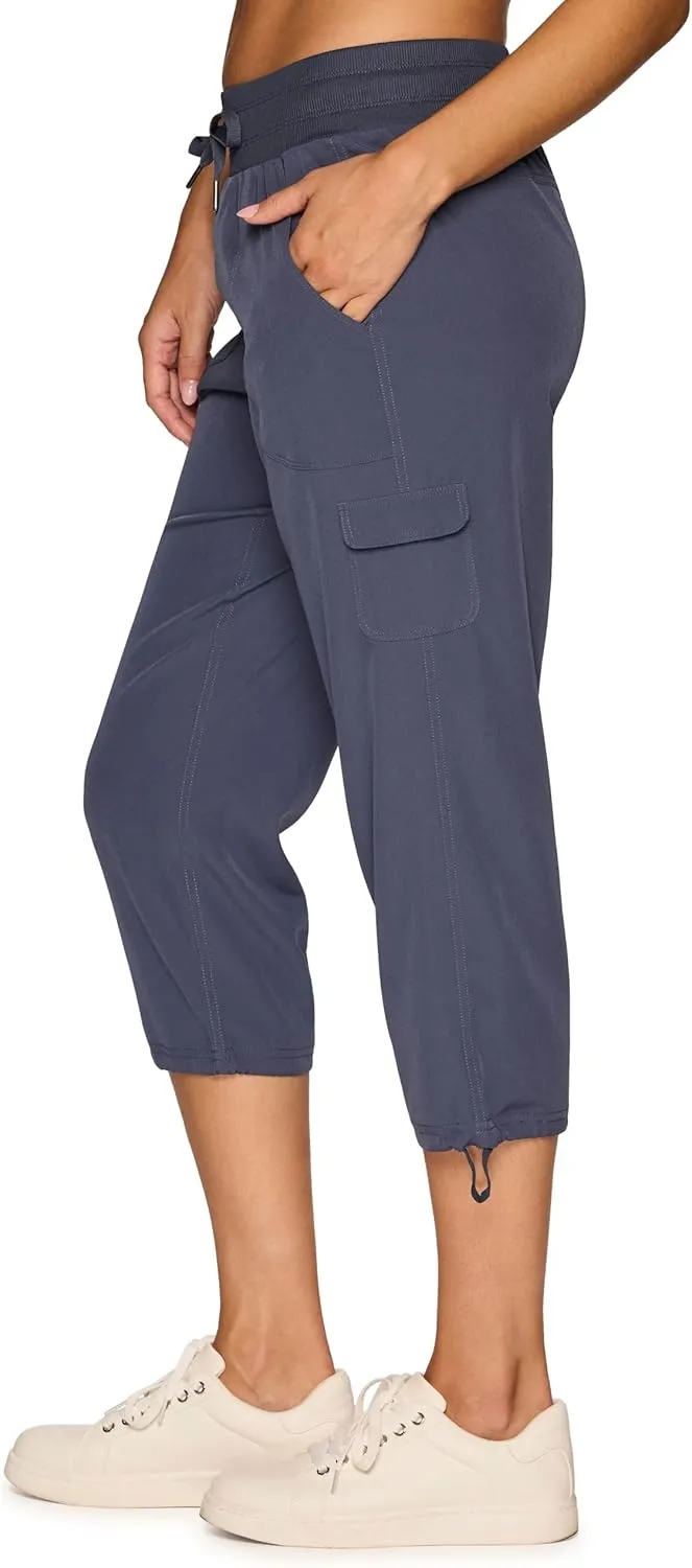 RBX Active Women's Cargo Capri Pant with Pockets Fashion Lightweight Woven with Drawstring