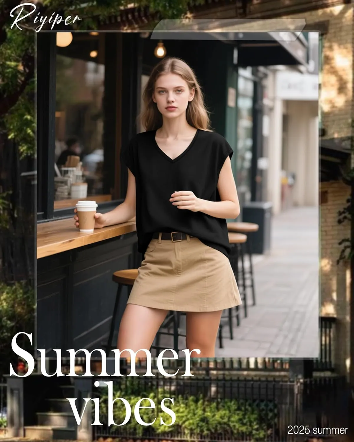 Riyiper 4 Pack Women's Cap Sleeve T-Shirts V Neck Loose Fit Cotton Tops Basic Cute Casual Summer Tees