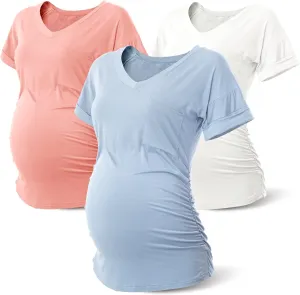 Rnxrbb Long Enough Maternity Shirts Short Sleeve Summer Pregnancy Tops& Tees Clothes V Neck Casual Outfits for Women 3 Pack