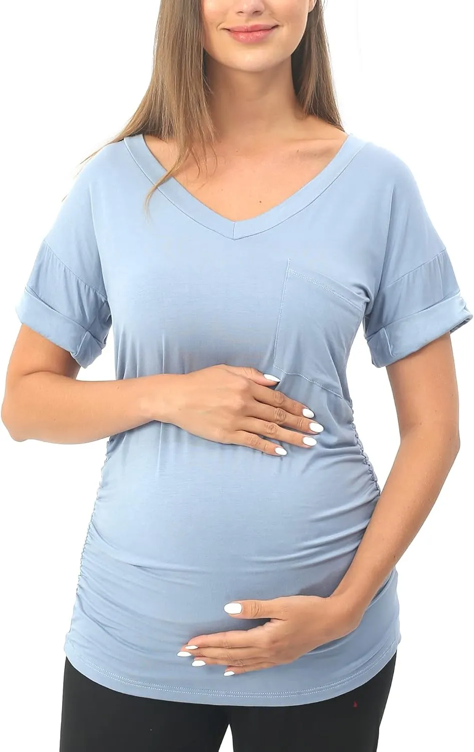 Rnxrbb Long Enough Maternity Shirts Short Sleeve Summer Pregnancy Tops& Tees Clothes V Neck Casual Outfits for Women 3 Pack