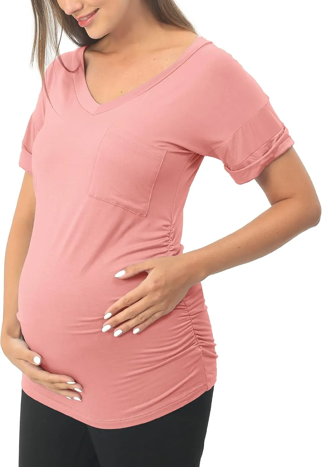 Rnxrbb Long Enough Maternity Shirts Short Sleeve Summer Pregnancy Tops& Tees Clothes V Neck Casual Outfits for Women 3 Pack