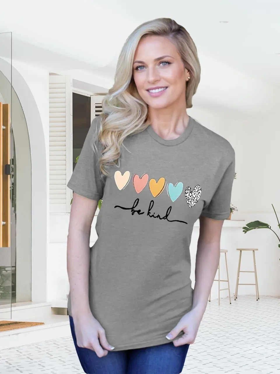 Savarana Graphic Tees for Women Be Kind Letter Print Shirts Funny Love Heart T Shirt Inspirational Happy Short Sleeve Tops