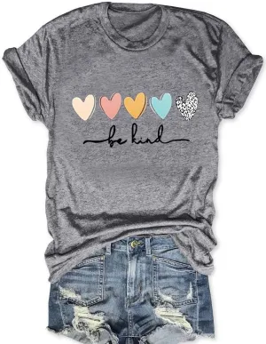 Savarana Graphic Tees for Women Be Kind Letter Print Shirts Funny Love Heart T Shirt Inspirational Happy Short Sleeve Tops