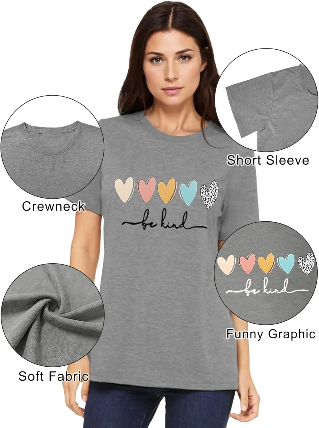 Savarana Graphic Tees for Women Be Kind Letter Print Shirts Funny Love Heart T Shirt Inspirational Happy Short Sleeve Tops