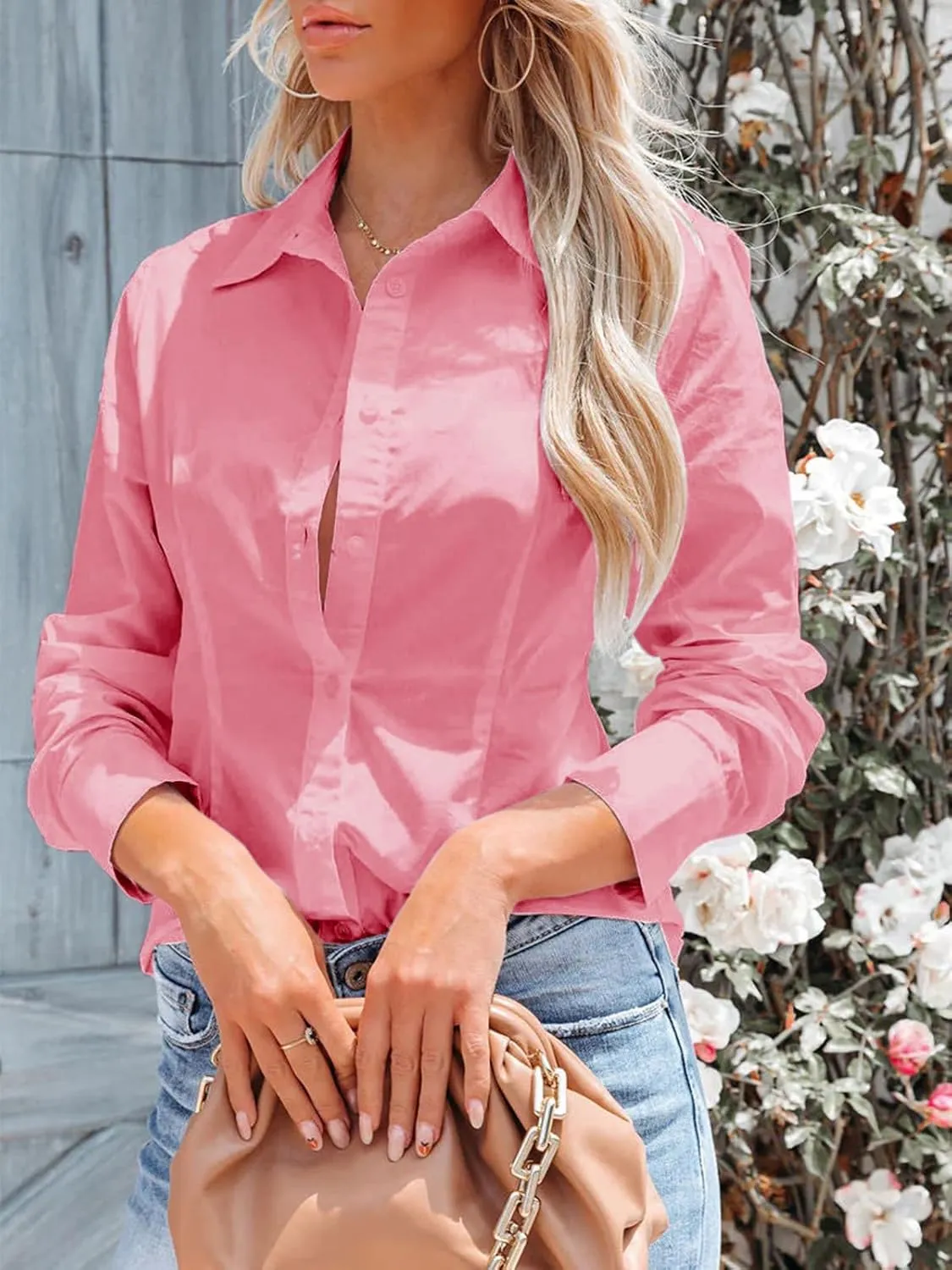 siliteelon Women's Button Down Shirts Long Sleeve Dress Shirts Wrinkle Free Collared Work Office Solid Blouses Corset Tops
